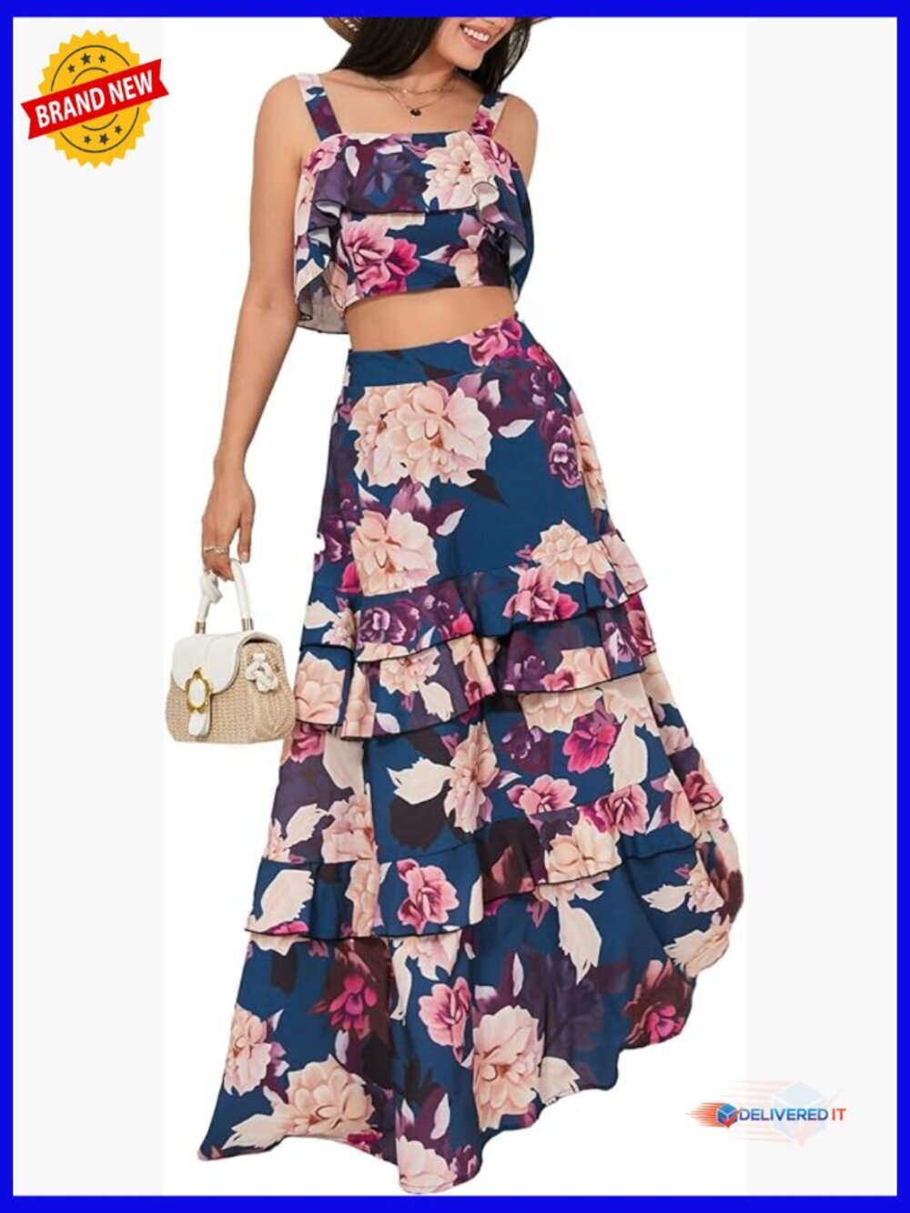 Women's Summer 2 Piece Sets Crop Top Maxi Skirt Floral Boho Outfits